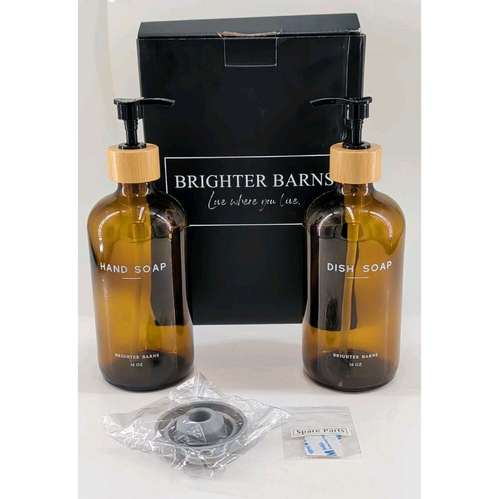 Brighter Barns Amber Glass Hand and Dish Soap Dispenser Set Boho Farmhouse 16oz